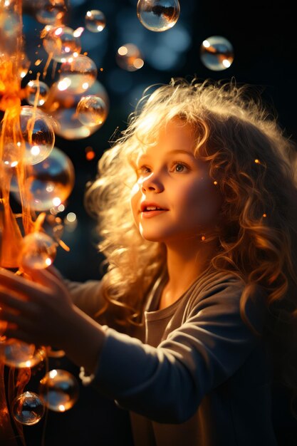 Photo little girl is blowing bubbles on stick with smile generative ai