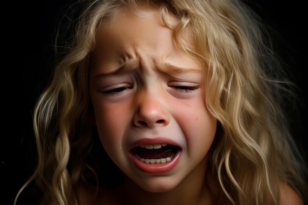 Photo a little girl is crying on a black background