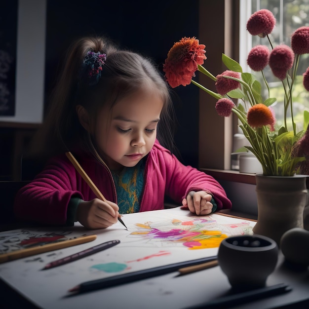 A little girl is drawing on a paper with a pencil.