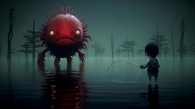 A little girl is fishing in a dark lake with monsters