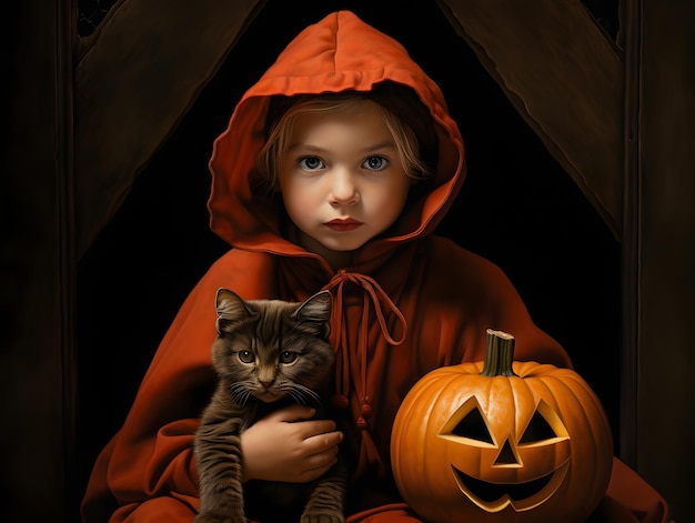 A little girl is holding a cat and a pumpkin ready for halloween