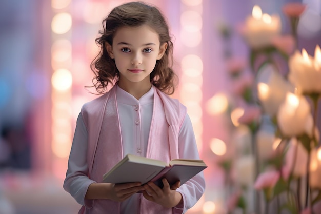 a little girl is holding a notebook in the style of vibrant academia