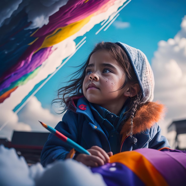 Photo a little girl is holding a paintbrush and looking at the sky.