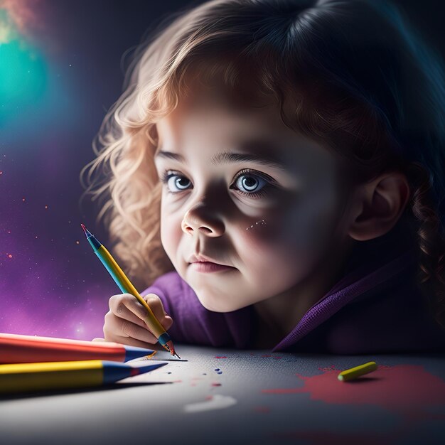 A little girl is holding a pencil and has a purple background