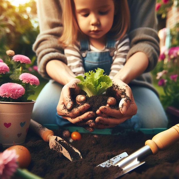 Little girl is holding a plant in her hands