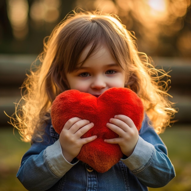 Photo a little girl is holding a plush romantic heart in her hands ai generative