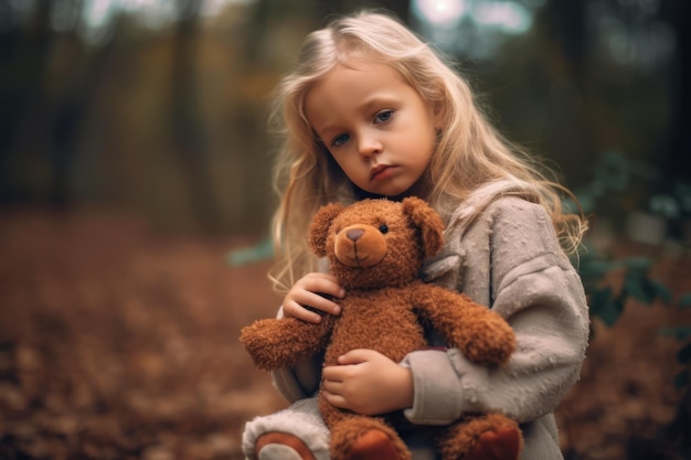 A little girl is holding a teddy bear in her hands.