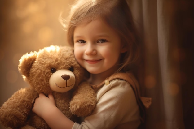 a little girl is holding a teddy bear and smiling