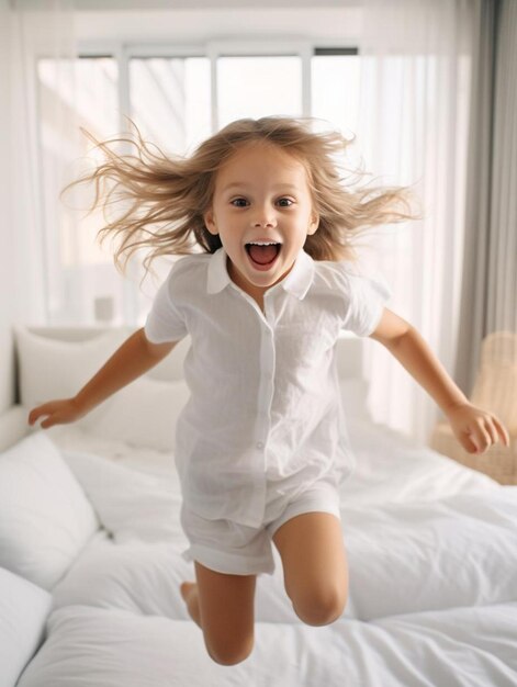 Photo a little girl is jumping on a bed with her mouth open