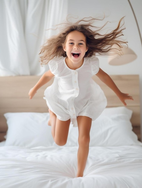 a little girl is jumping on a bed