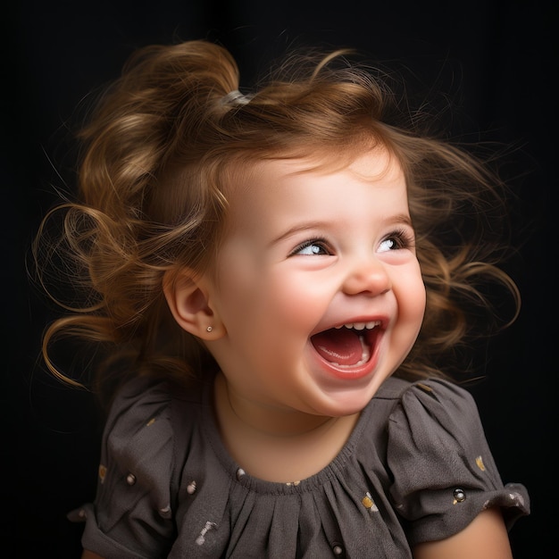 a little girl is laughing in front of a black background