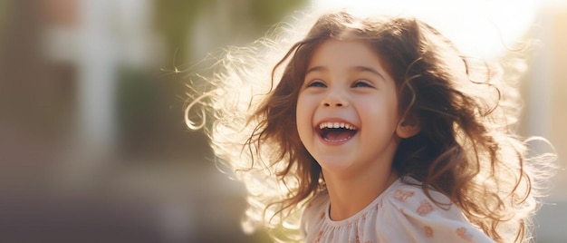 a little girl is laughing with her hair blowing in the wind