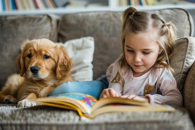 Little girl is laying on a sofa and reading a book to her cute golden retriever puppy dog