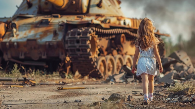 Photo a little girl is looking at an old rusty tank from the war ai generated image