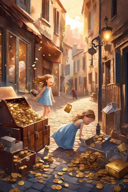 Photo a little girl is looking at a pile of gold coins