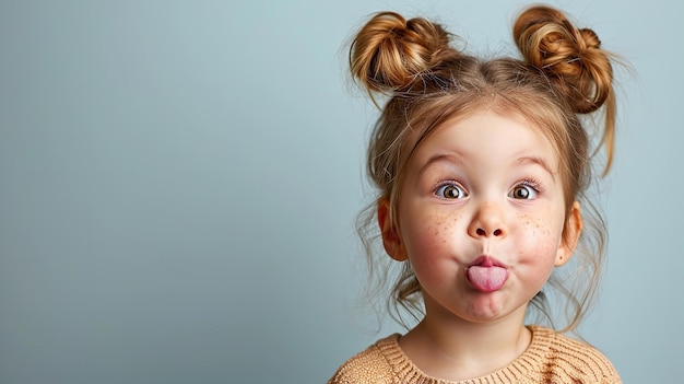 A little girl is making a face sticking her tongue out on clean backdrop space Generative AI