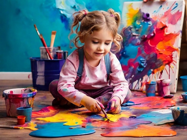 a little girl is painting a picture of a child with a paint brush