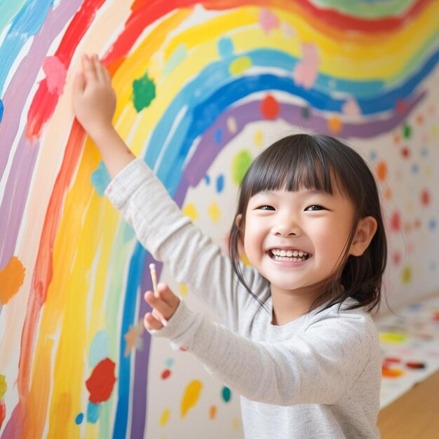 작은 소녀가 다채로운 페인트로 벽에 그림을 그리고 있다.