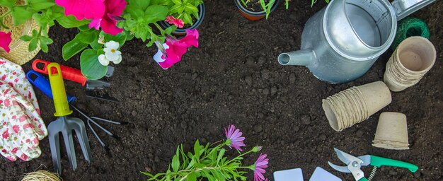 A little girl is planting flowers.  