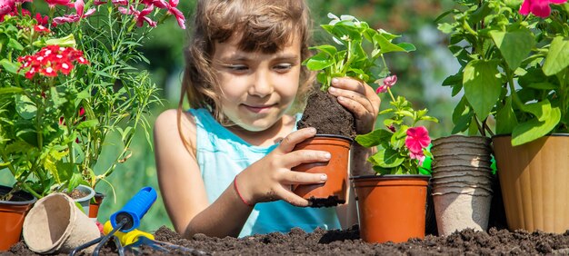 小さな女の子が花を植えています。