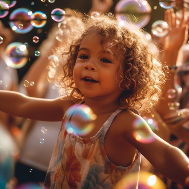 Photo a little girl is playing with bubbles in front of a crowd.