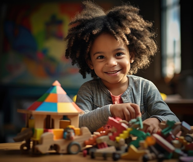 A little girl is playing with building blocks with a smile