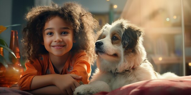 Foto una ragazzina sta giocando con il suo migliore amico un cane generativo ai