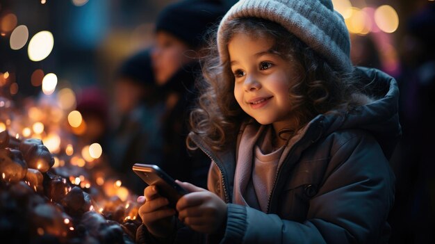 A little girl is playing with a lit candle and a group of people in the background.