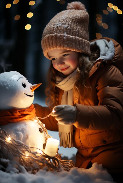 Photo a little girl is playing with a snowma