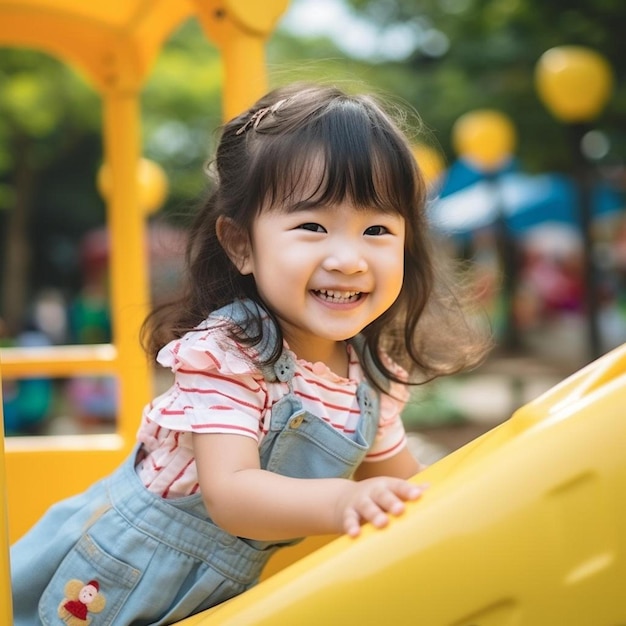 a little girl is playing on a yellow slide with a red and white shirt