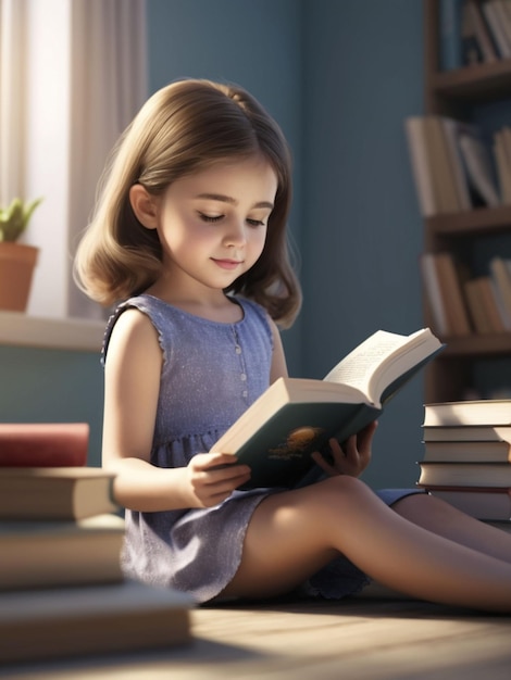 a little girl is reading a book by a window