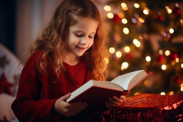 Маленькая девочка читает книгу в канун Рождества в ожидании праздника