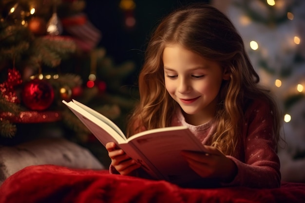 Маленькая девочка читает книгу в канун Рождества