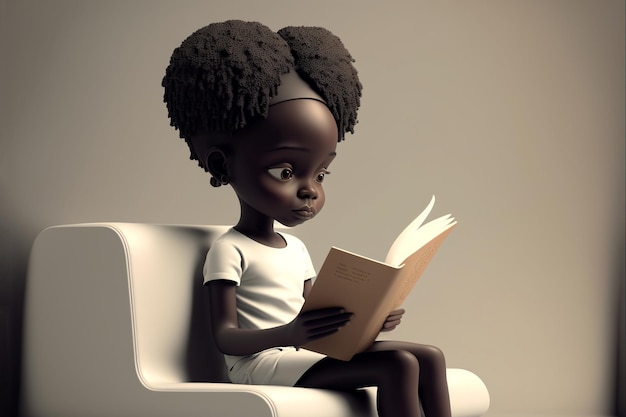 A little girl is reading a book and is wearing a white shirt.