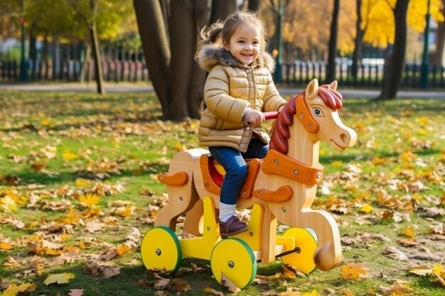 Photo a little girl is riding a wooden horse in the park