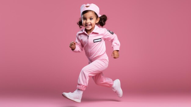 A little girl is running against a pink background Created with Generative AI technology