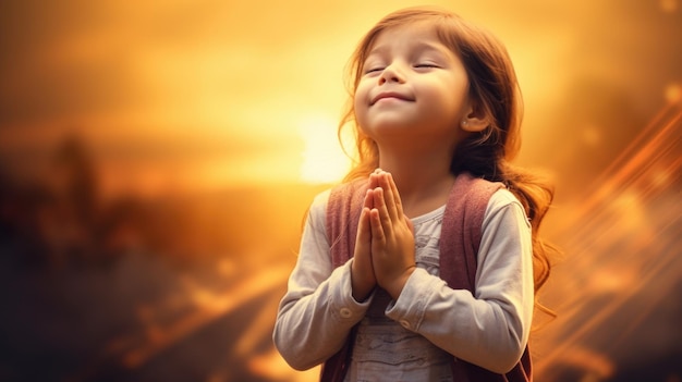 Little girl is shown praying in front of sun