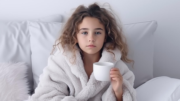 A little girl is sick with a cold at home