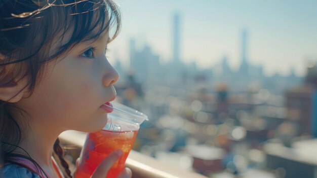 Photo a little girl is sipping water from a clear glass drinkware aig