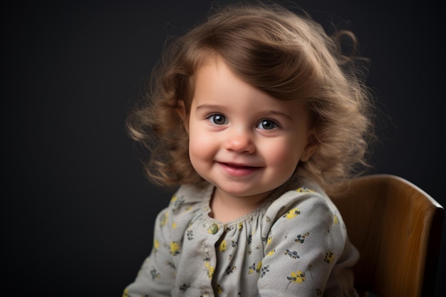 a little girl is sitting on a chair and smiling