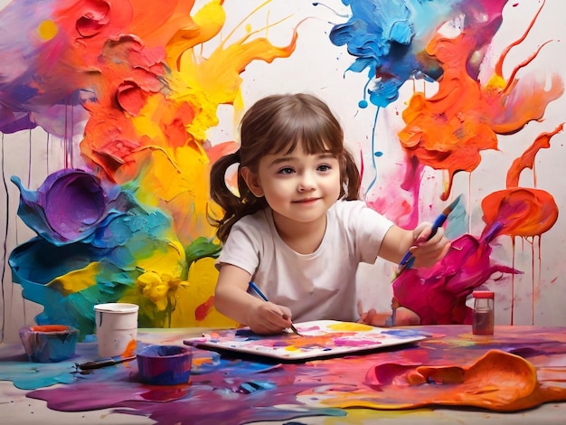 a little girl is sitting in front of a painting that says quot she is painting quot