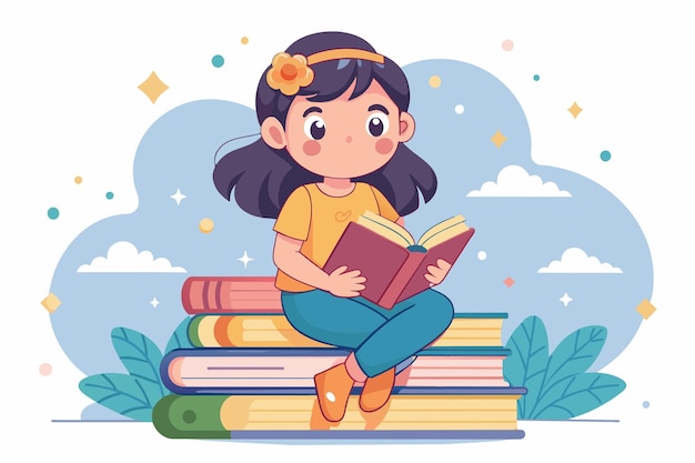 a little girl is sitting on a pile of books reading a book