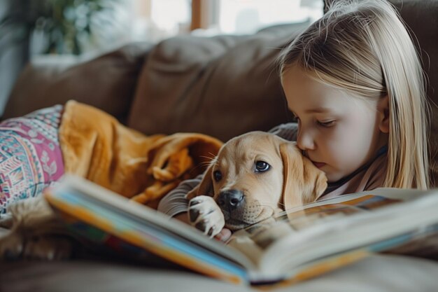 Little girl is sitting on a sofa and reading a book to her cute beagle or retriever puppy dog