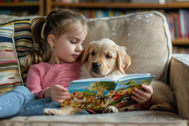 Little girl is sitting on a sofa and reading a book to her cute retriever puppy dog