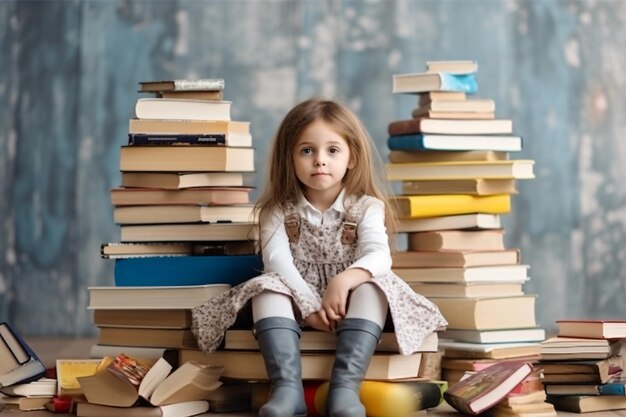 A little girl is sitting on a stack of books with a book titled quot the book quot