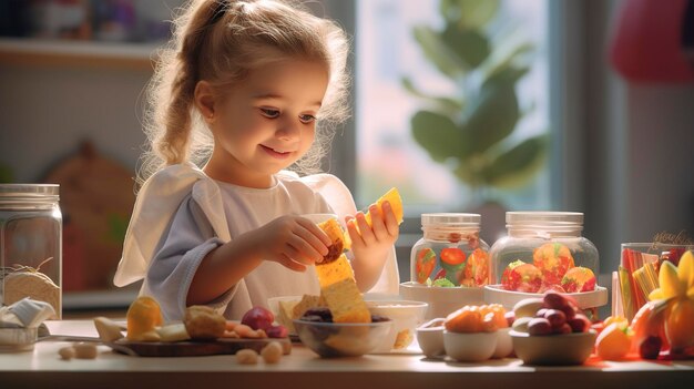 小さな女の子が食べ物と果物の瓶を持ったテーブルに座っています