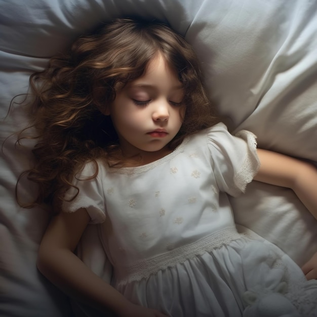 A little girl is sleeping on a bed with a white dress that says " i'm a child. "