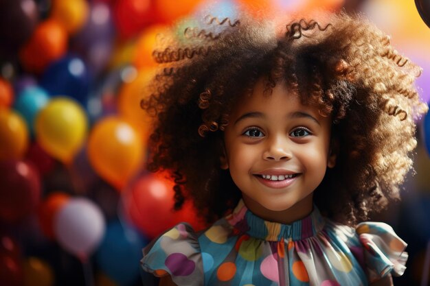 a little girl is smiling at a birthday party