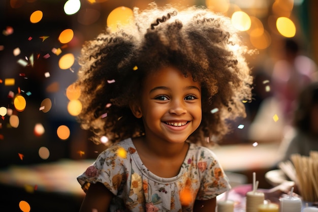 a little girl is smiling at a birthday party