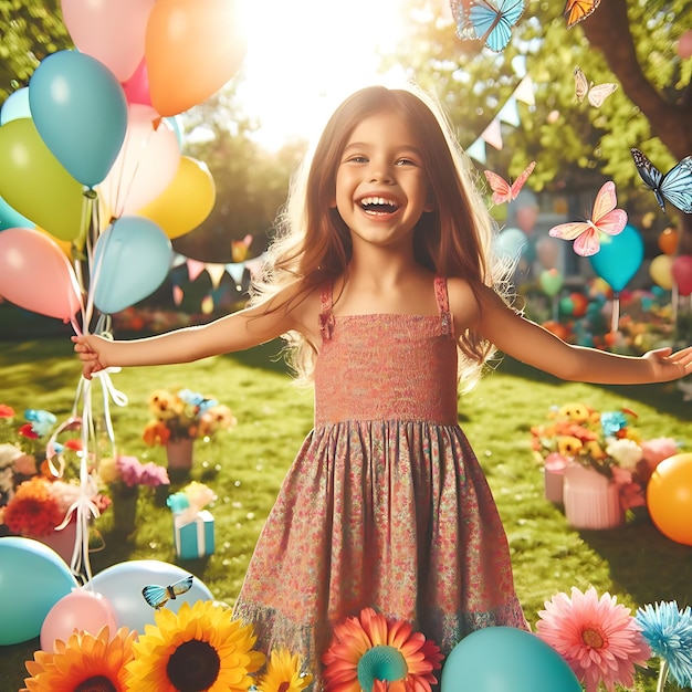 a little girl is smiling and holding a bunch of balloons